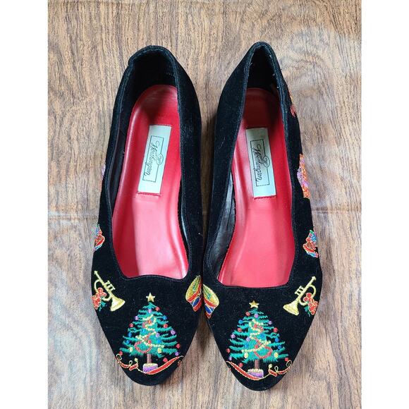 Vintage Worthington Christmas Ballet Flats 7.5 Black Velvet Granny Embroidered - Picture 1 of 11